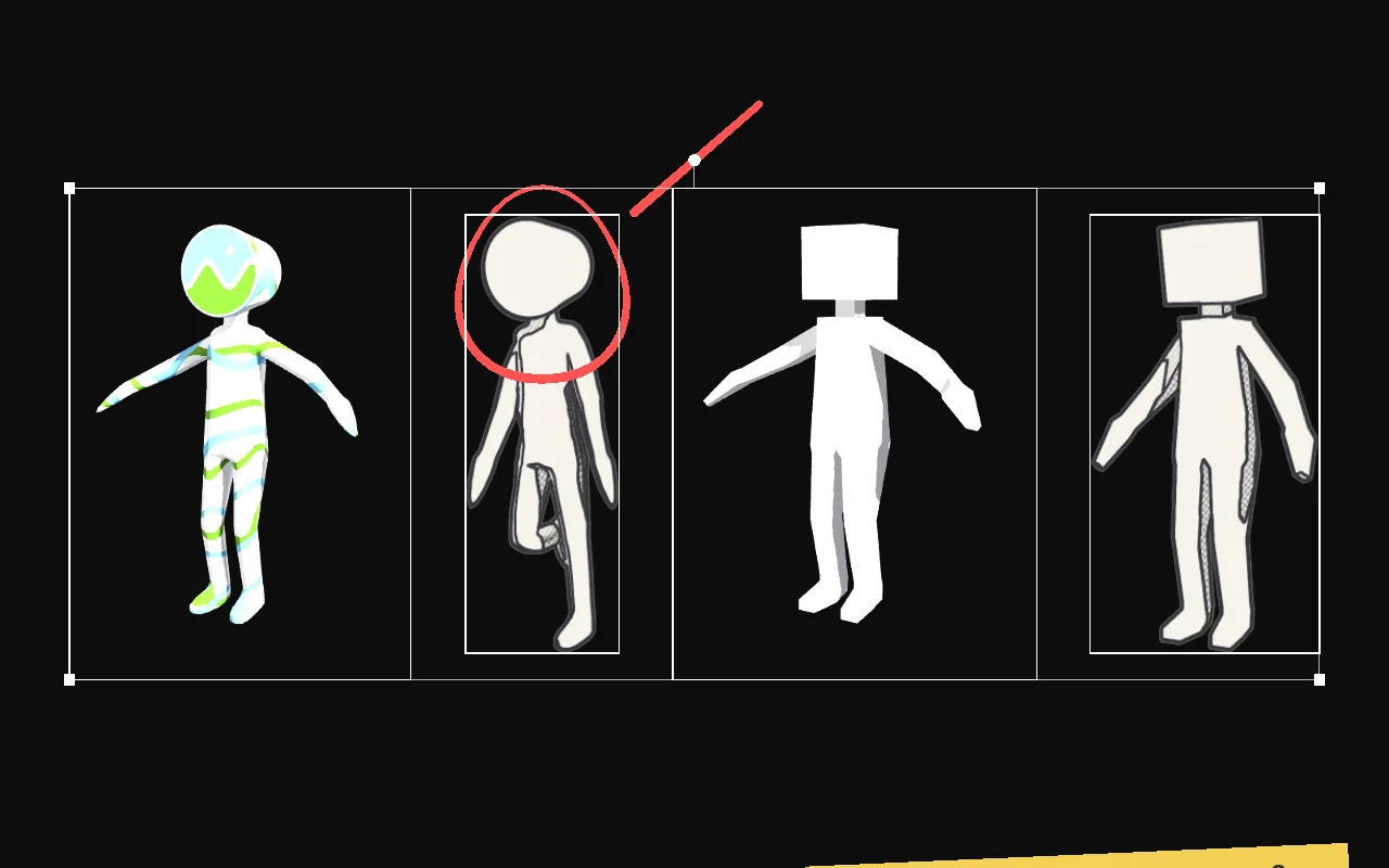 Two 3D models and two sketches selected and standing on a common baseline.