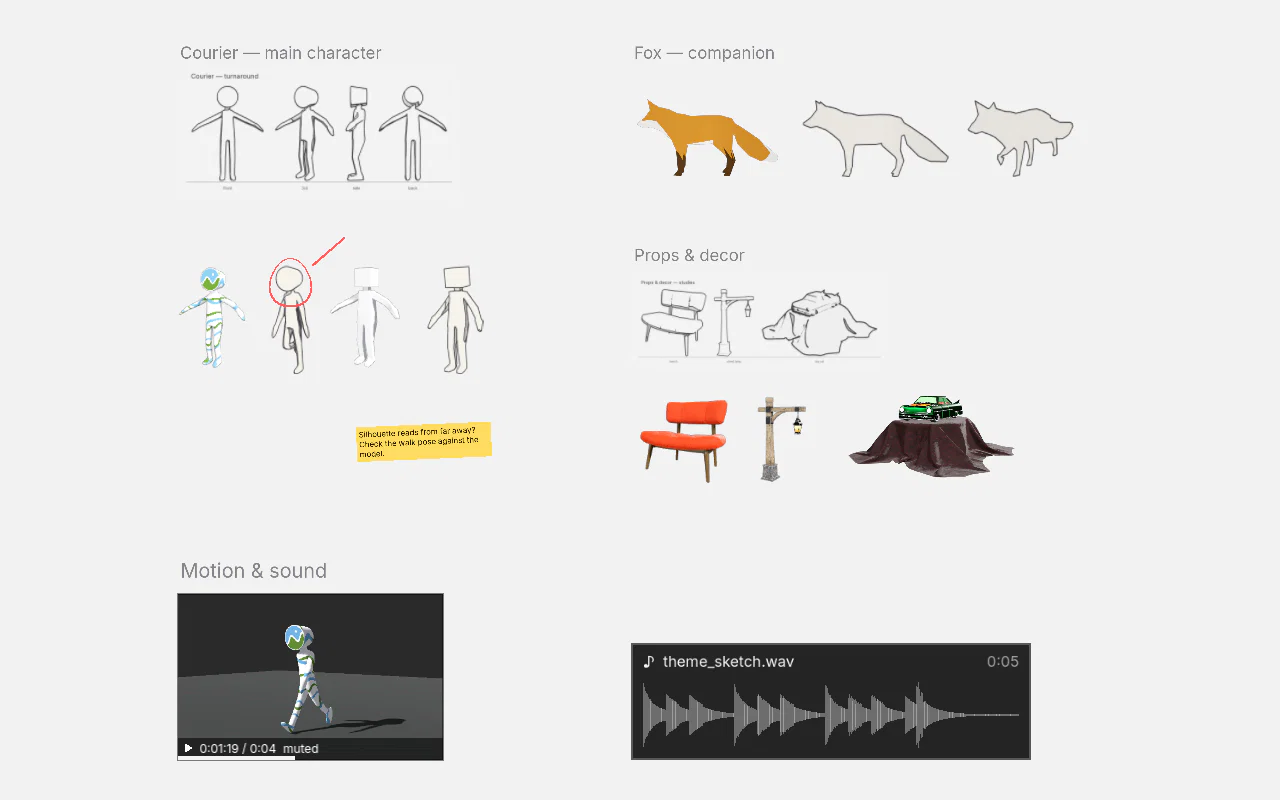 The same board on a light background: sketches, 3D models, a video, a sound clip and a yellow sticky note.